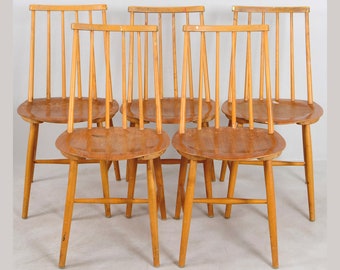 Original Scandinavian "Pinnstol" | Vintage Mid Century Wooden Chairs with Teak Seat