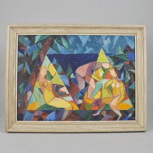 May include: A colourful abstract painting depicting three figures in a landscape setting. The figures are rendered in geometric shapes and vibrant hues of yellow, blue, green, and red. The background features a stylised representation of trees and water.