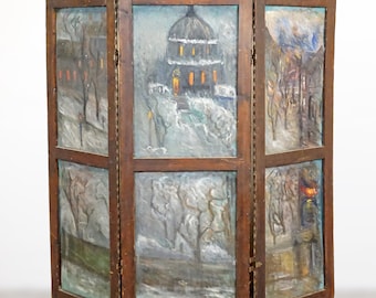 Antique 4' Tall Screen, 3 Panels Room Divider Furniture | Winter Summer motif Paint on Canvas Vintage Partitions Monet High 119 cm