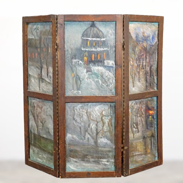 Antique 4' Tall Screen, 3 Panels Room Divider Furniture | Winter Summer motif Paint on Canvas Vintage Partitions Monet High 119 cm