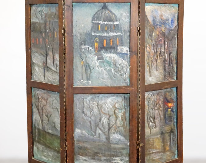 Antique 4' Tall Screen, 3 Panels Room Divider Furniture | Winter Summer motif Paint on Canvas Vintage Partitions Monet High 119 cm