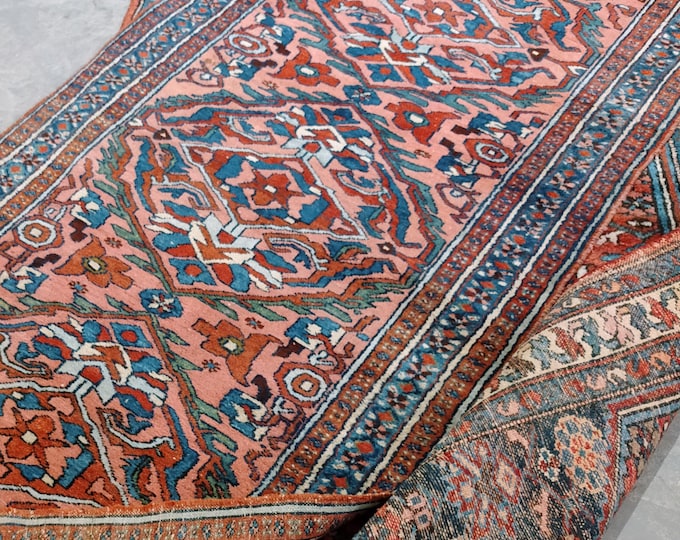 100% Wool Handmade Antique oriental rug 1900s | Rose Pink Carpet (100cm X 203cm)