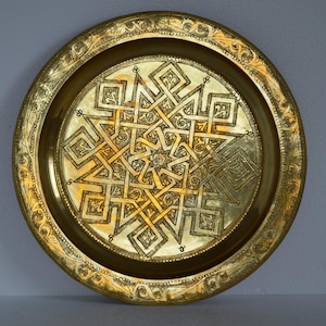 Plate with Calligraphy 35 cm Mamluk Cairoware Antique Arabic Hammer Engraved Brass Tray Syria Morocco, Egypt
