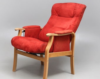 Vintage Reclining Armchair by Hjort Knudssen | Red Suede Velor Leather Recliner | Contemporary Danish Design Chair | 1970s