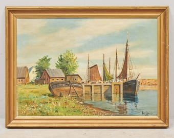 1930s Very Large Antique oil painting on canvas | Denmark | Scenery Fishing Hamlet | Signed Arup Jensen | Old Painting