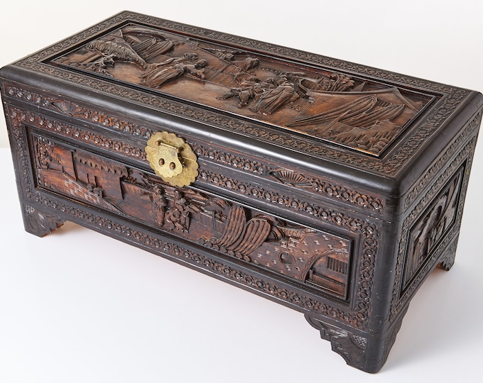 Superior Quality Asian Hand Carved Camphor Chest 29" long Intricate and Ornate Detailing  | Antiquität Kampferholz Schatulle  Good Luck
