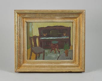 Antique Oil painting on panel 1940s | Signed "The Old Piano" | Karl-Göte Sernius Andersson Authentic Old Painting