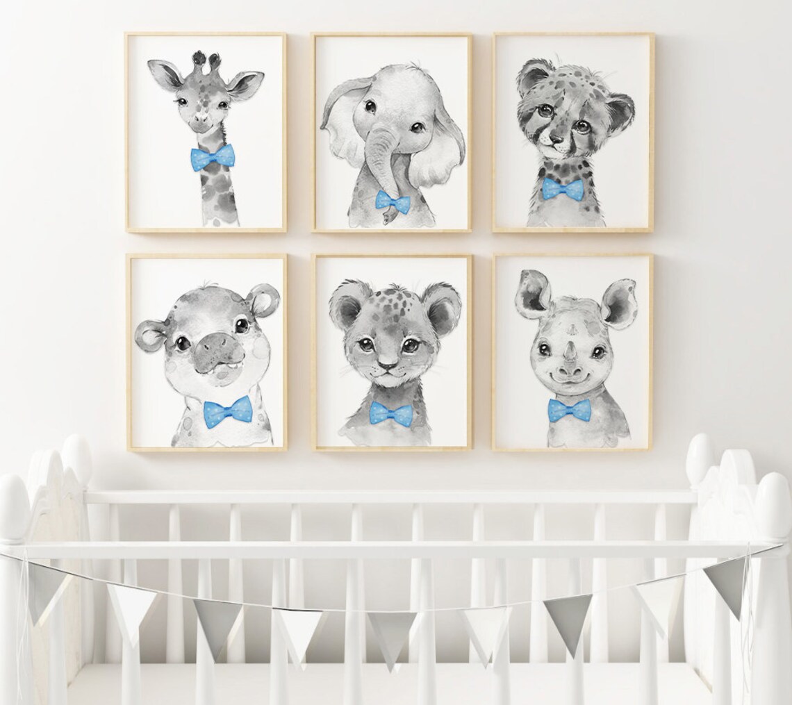 Baby Lion Black and White Print Blue Bow Tie Safari Nursery Etsy