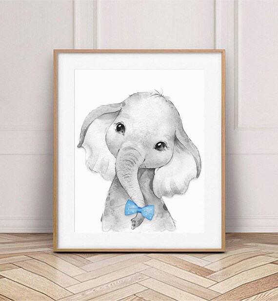 Bebe Elefante Blanco Y Negro Impresion Lazo Azul Vivero Etsy