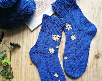 Wool socks with embroidery, hand knitted funny socks, Japanes pattern, socks with spring flowers