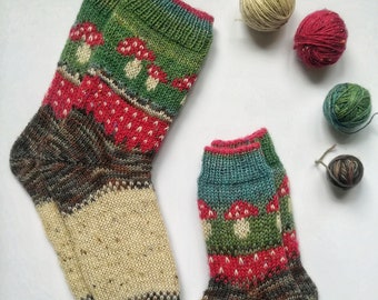 Hand knitted mushroom socks, Tweed yarn