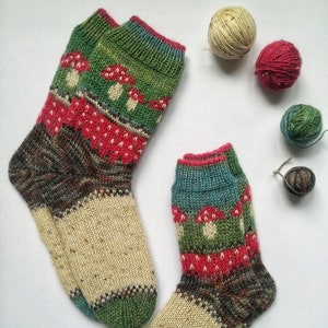 Hand knitted mushroom socks, Tweed yarn