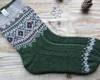 Hand knitted men's green socks, cozy gift for him