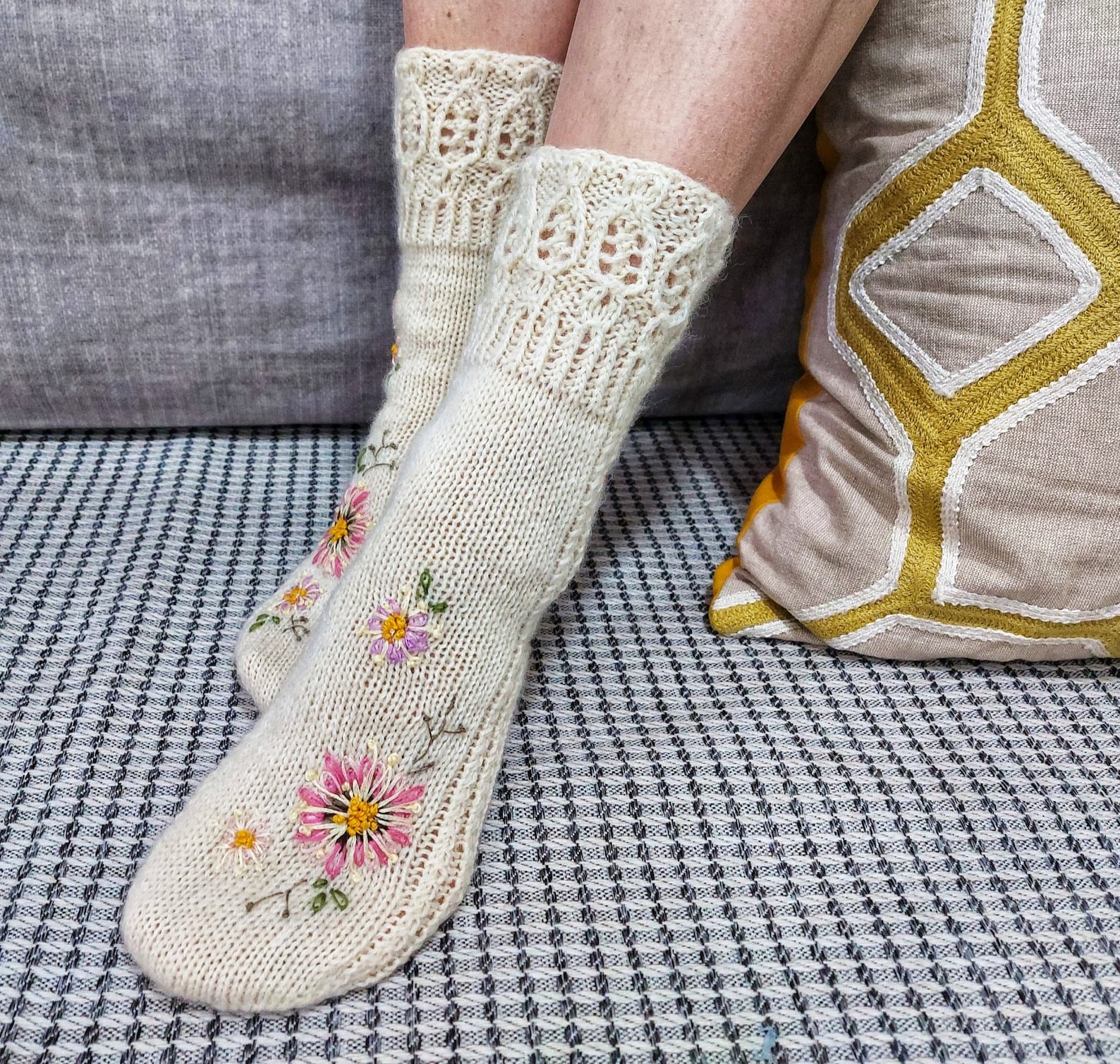 Ivory Lace Knitted Socks Hand Knit and Embroidery Luxury Etsy UK