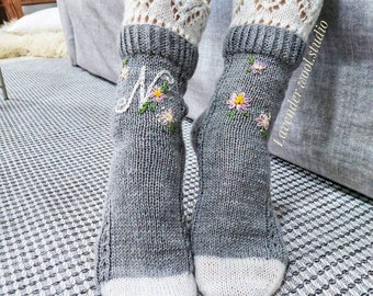 Personalized Hand knit socks, luxury gift for mom ,socks with flowers embroidery