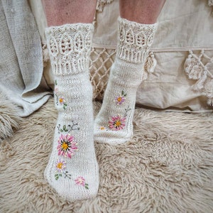 Ivory lace knitted socks, hand knit and embroidery, luxury socks, womens clothing, socks with flowers