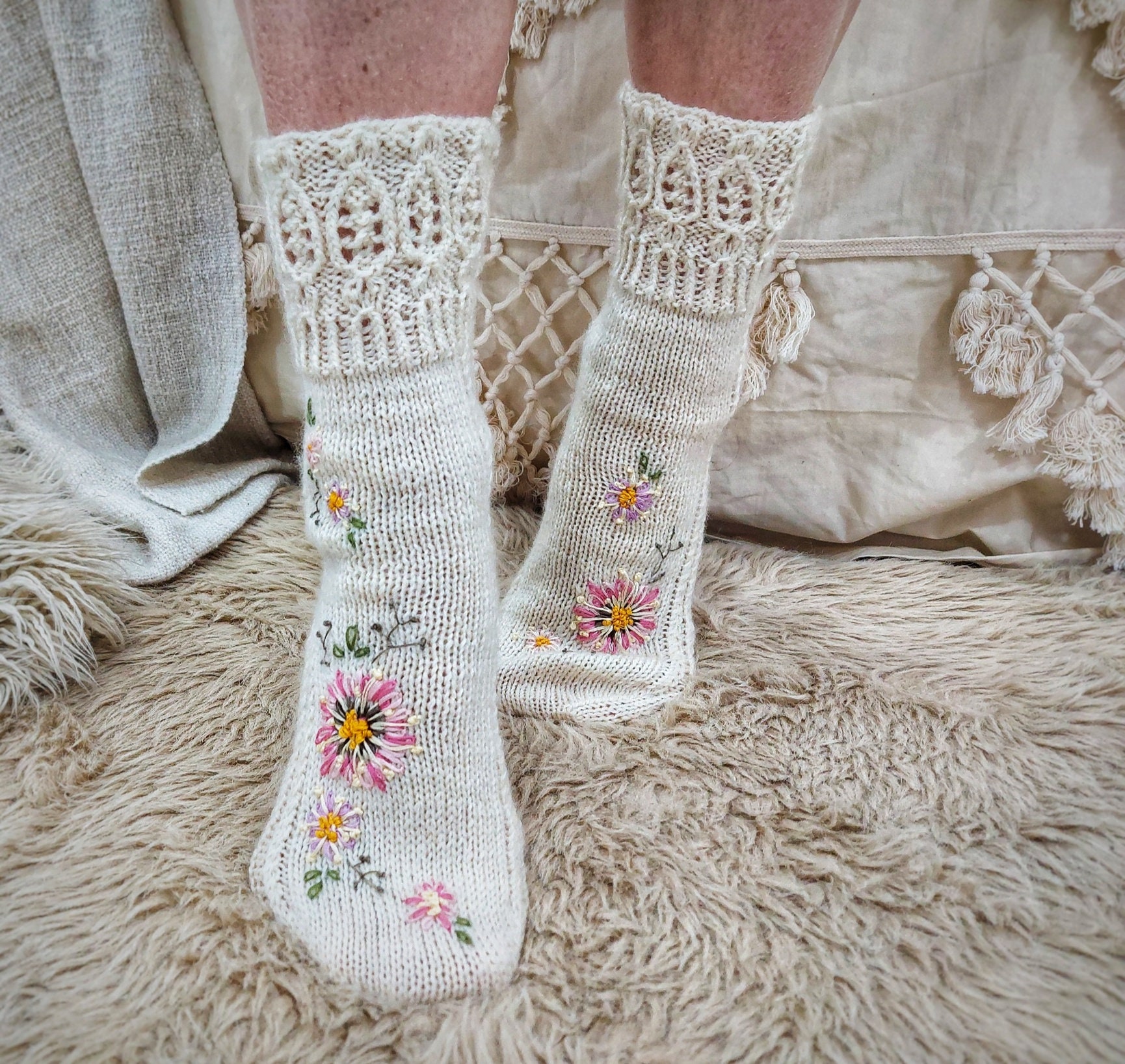 Ivory lace knitted socks, hand knit and embroidery, luxury socks, womens clothing, socks with flowers