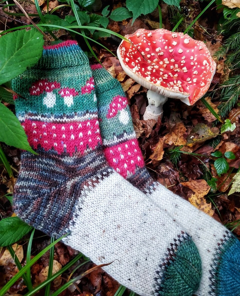 Hand Knitted Mushroom Socks Tweed Yarn Etsy
