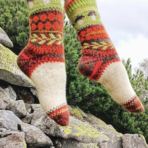 May include: A pair of hand-knitted socks featuring a multi-colored pattern. The cuffs are light green with small mushroom motifs, followed by bands of orange, dark red, and yellow geometric designs, ending in a solid cream foot and toe.