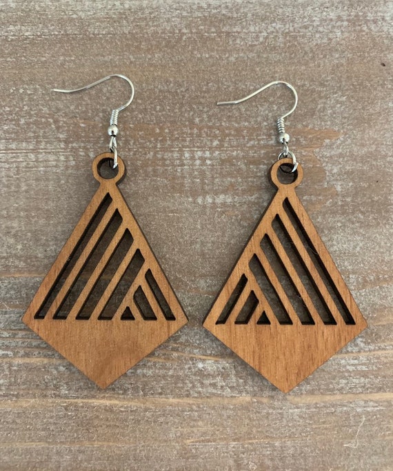 Silver Colored Diamond Shaped Wooden Laser Cut Earrings