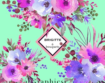 Download Clip Art Pretty Hand Painted Colorful Flowers Roses Floral Graphics Floral Elements Dahlia Pink Peach Mauve Purple Watercolor Floral Clipart Art Collectibles
