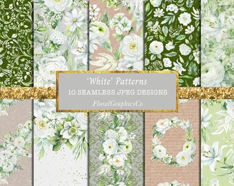 White watercolour floral patterns, white floral backgrounds, white digital paper, floral seamless pattern, jpeg, wedding patterns, whitex