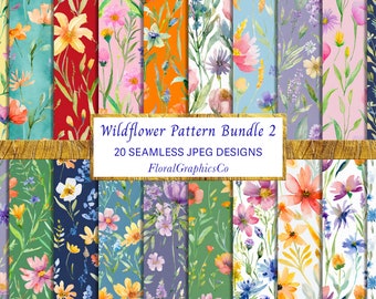 Colourful Wildflower Pattern Bundle, Watercolour Wildflower Patterns, Seamless Meadow Wildflower Prints, Wildflower JPEG, Floral Graphics
