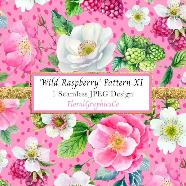 Summer Design, Raspberry Pattern, Summer Rose Pattern, Pink Spots Background, Wild Raspberry, Rose Pattern, Fruit Digital Pattern, wrsp