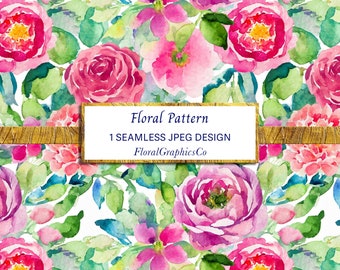 INSTANT DOWNLOAD - Pink watercolour floral pattern, seamless design, repeat pattern, pink floral surface pattern, surface design
