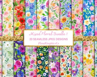 Colourful Floral Pattern Bundle, Watercolour Flower Patterns, Seamless Summer Prints, Pattern JPEG, FLoral Graphics, ditzy floral