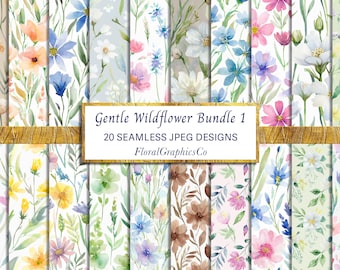Gentle Wildflower Pattern Bundle, Watercolour Wildflower Patterns, Seamless Meadow Wildflower Prints, Wildflower JPEG, Floral Graphics