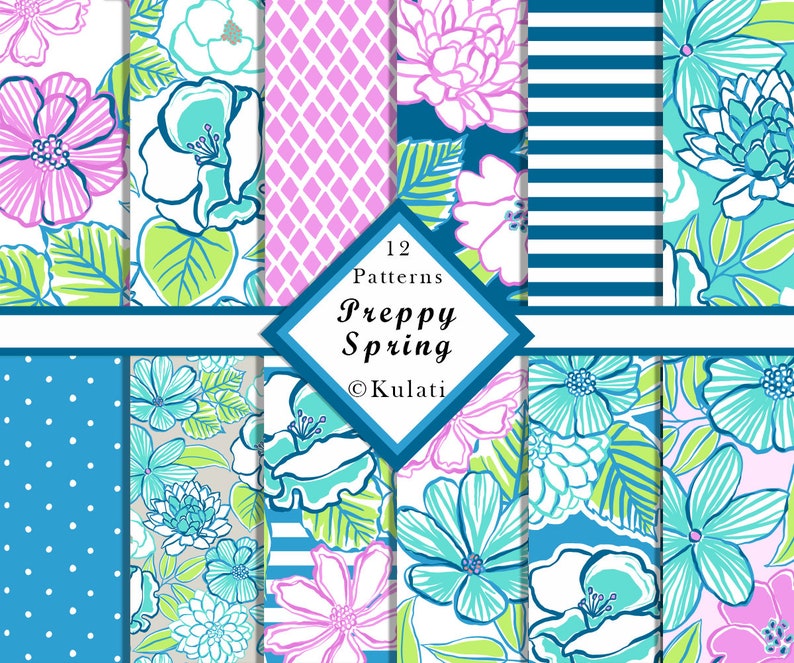 Preppy Pink and Blue Floral Patterns Preppy Patterns Flower Etsy Ireland