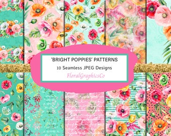 Colourful Watercolour Poppy Patterns, Seamless Summer Patterns, Colourful Floral Patterns, Surface Pattern Design, JPEG, Printable, brpp