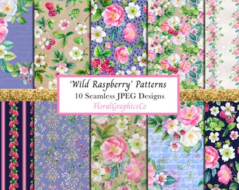 Summer Floral Patterns, Raspberry Digital Papers, Seamless Designs, Surface Pattern Design, JPEG, Summer Backgrounds, Scrapbook, wrsp
