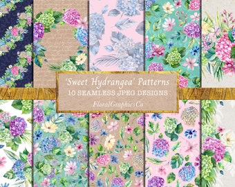 Summer Floral Patterns, Hydrangea Digital Papers, Seamless Designs, Surface Pattern Design, JPEG, Summer Backgrounds, Scrapbook