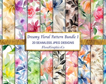Dreamy Floral Pattern Bundle, Soft Watercolour Flower Patterns, Floral Surface Pattern Design, Floral Textile Design, Pattern Download