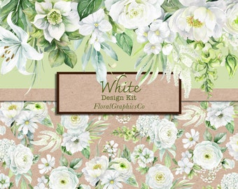 White Floral Design Kit, White Floral Patterns, Wedding Graphics Commercial Use, Flower Arrangements, Design Resources, png bouquet, whitex