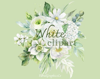 INSTANT DOWNLOAD - White watercolour floral clipart, White Flower Clipart, Floral elements, Floral Graphics, whitex