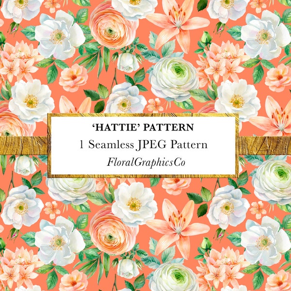 INSTANT DOWNLOAD - Pretty orange and white floral pattern, seamless , feminine, summer floral surface pattern, ranunculus print, wild rose