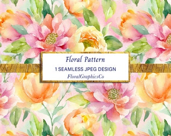 INSTANT DOWNLOAD - Soft watercolour floral pattern, seamless design, repeat pattern, pink and peach floral surface pattern, surface design