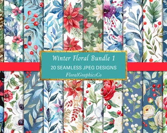 Winter Floral Pattern Bundle, Watercolour Winter Flower Patterns, Winter Backgrounds, Seamless Pattern JPEG, FLoral Graphics, poinsettia