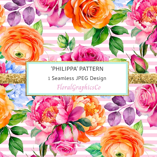 Pink floral stripes digital pattern, summer floral design, repeat pattern, backgrounds, scrapbook, jpeg, colorful floral textile print, bty