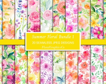 Colourful Summer Floral Pattern Bundle, Watercolour Flower Patterns, Seamless Summer Prints, Pattern JPEG, FLoral Graphics, ditzy floral