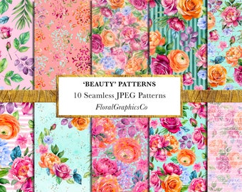 Watercolor floral digital paper, seamless patterns, pink, mint, designs, backgrounds, scrapbook, jpeg, summer print, Colorful Flowers, bty