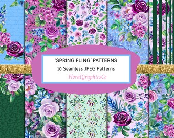 Spring Floral Patterns, Spring Flower Digital Papers, Seamless Designs, Surface Pattern Design, JPEG, Spring Backgrounds, Scrapbook, spf