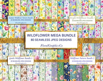 Wildflower Pattern Mega Bundle, Watercolour Wildflower Patterns, Seamless Meadow Wildflower Prints, Wildflower JPEG, Floral Graphics