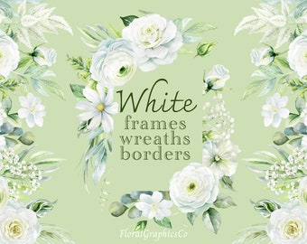 White Floral Frame Clipart, Floral Wreath Graphics, Watercolour Flower, Wedding clipart, Wedding graphics, png arrangement, whitex