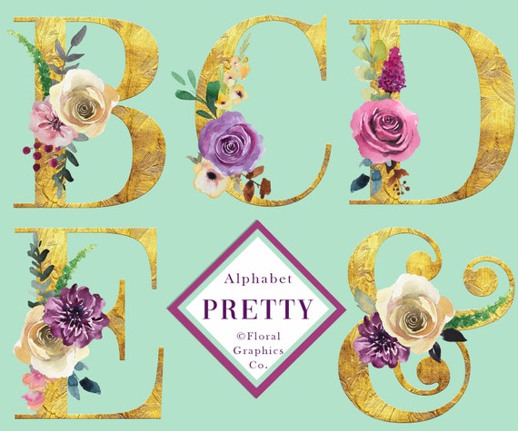 Download Gold Floral Alphabet Clipart Purple Pink Yellow Flower Etsy