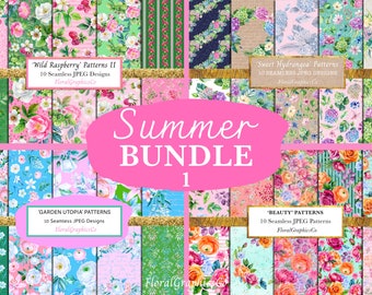 Summer Floral Pattern Bundle, Colourful Floral Patterns, Seamless Digital Papers, Summer Background, Surface Pattern Design, Watercolour