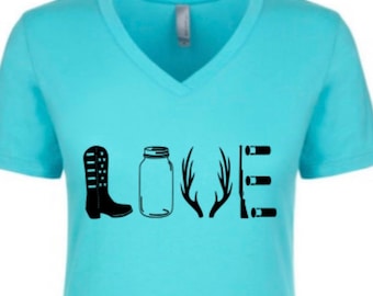 Country Love shirt - cowboy boots - I love country - mason jar - antlers - shotgun - hunting - cowboys - country concert